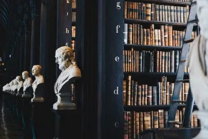 Image shows a library with statues on the left hand side that are reminiscent of philosophers and TOK